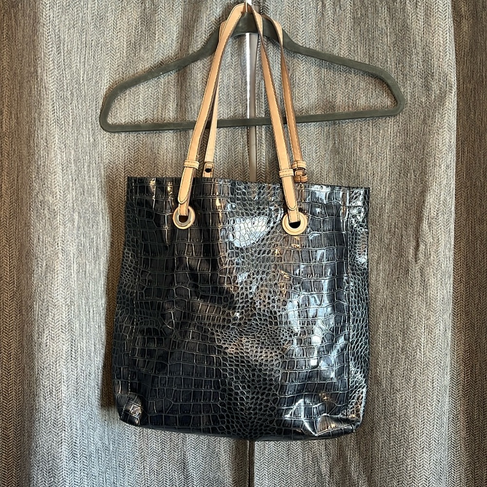 Black and Tan Faux Crocodile Leather Tote Bag